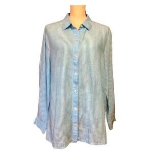 J. Jill Love 100% Linen Oversized Women's Stripe Button Up Shirt Blue Medium